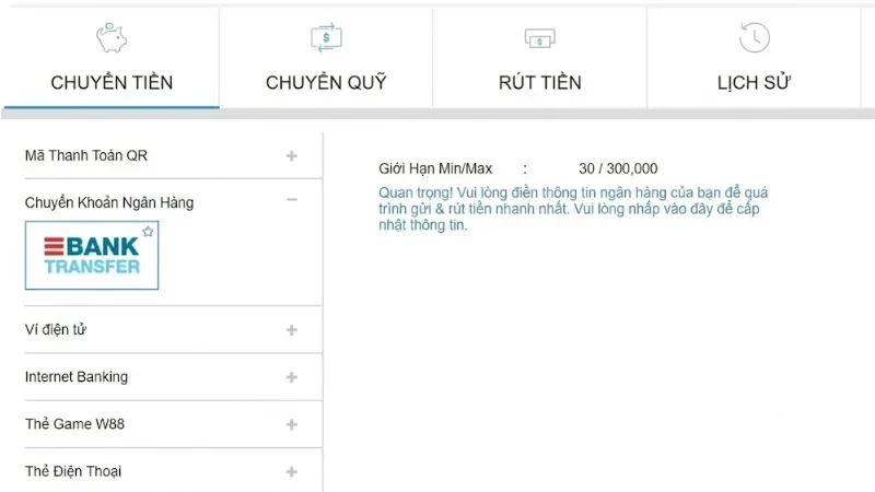 Trang chủ 38 Gửi tiền w88 nhanh chóng với ngân hàng